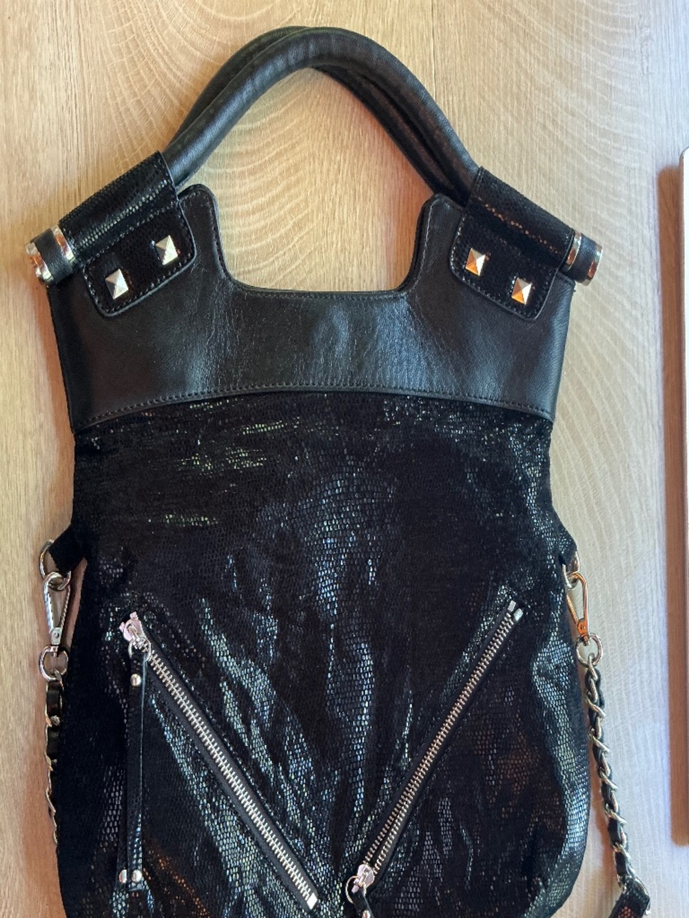 CHEZ Black Textured snake embossed leather bag